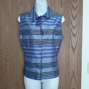 Ann Taylor Silk Sleeveless Blue Black Stripe Top Vest Size 14